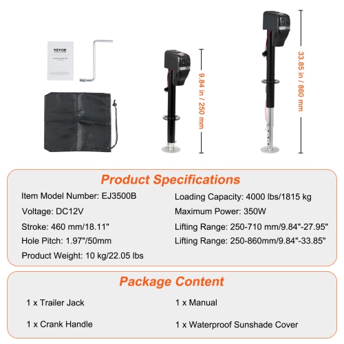 VEVOR 4000 lbs Electric Trailer Jack, Power Tongue Jack, 9.84"-33.85" Electric Tongue Jack with Waterproof Cover for Lifting RV Trailer, Horse
