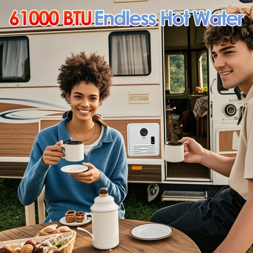 61000 BTU RV Tankless Propane Water Heater, Camping Instant Electric Water Heater with White Door and Multi-Function Controller