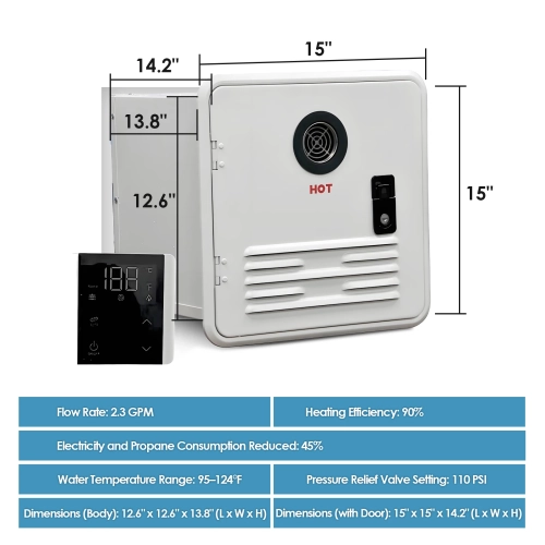 61000 BTU RV Tankless Propane Water Heater, Camping Instant Electric Water Heater with White Door and Multi-Function Controller