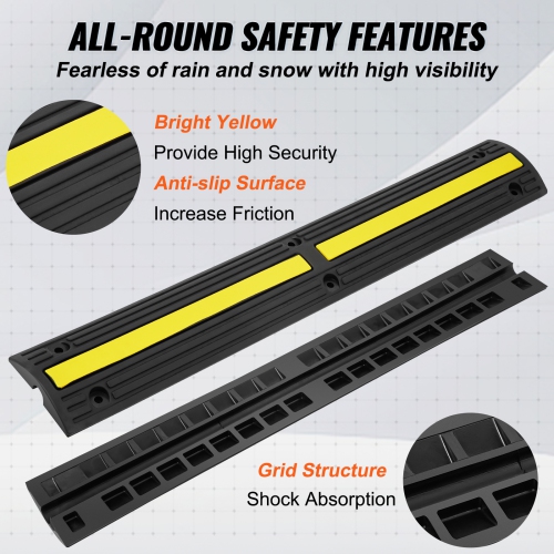 VEVOR 3.28 ft Cable Protector Ramp, 4 Pack of 1 Channel, 18000 lbs/axle Capacity Rubber Speed Bumps, Floor Cord Cable Protector Wire Cover, for