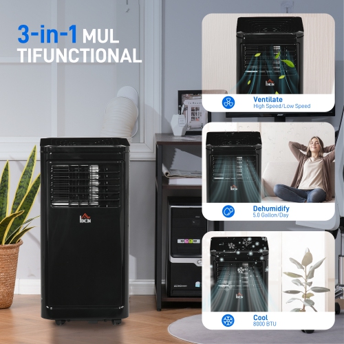 HOMCOM Portable Air Conditioner 8000 BTU, 3-in-1 Mobile AC Unit with Cooling, Dehumidifier, Fan, Remote Control, 24-Hour Timer, Window Mount Kit, 344