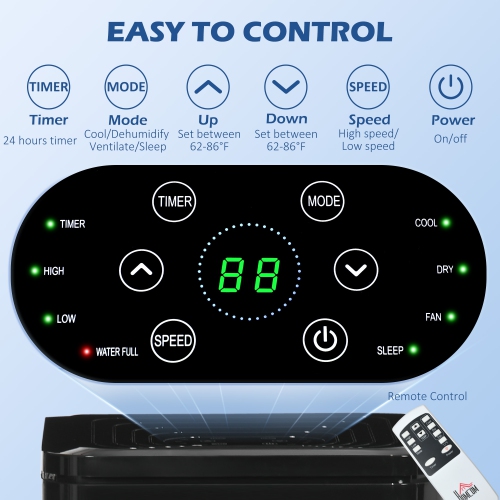 HOMCOM Portable Air Conditioner 8000 BTU, 3-in-1 Mobile AC Unit with Cooling, Dehumidifier, Fan, Remote Control, 24-Hour Timer, Window Mount Kit, 344