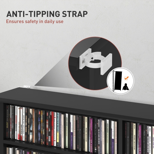 HOMCOM 8-Tier CD Shelf with 16 Compartments, 12 Adjustable Shelves, Double Media Storage Cabinet, Holds 720 CDs, 396 Blu-rays or 396 DVDs, Black