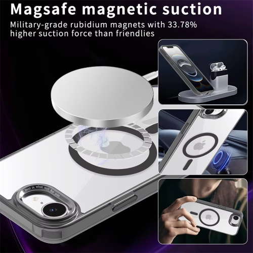 Luxury Transparent Crystal Magsafe Case For iPhone 16e SE4 16E Magnetic Wireless Charging Plating Camera Hard Cover - Black