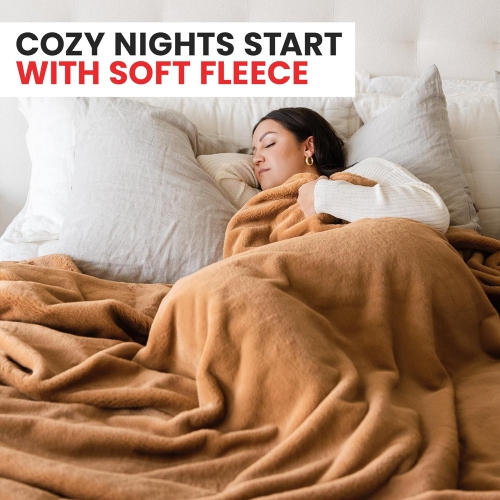 Canadian Linen Polar Fleece Blankets, 90"x90" Queen Size Lightweight Cozy Warm Super Soft Moisture Free Breathable Blankets for All Season AirBnB, Tan