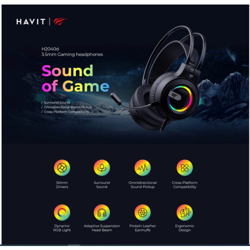 Casque de jeu H2040D RVB dynamique 3,5 mm auxiliaire + USB avec haut-parleurs 50 mm et micro - Noir de Havit