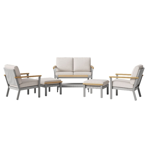 SONGMICS HOME Sencillo Collection - 6 Piece Patio Furniture Set, 1 Coffee Table, 1 Loveseat, 2 Lounge Chairs and 2 Ottomans