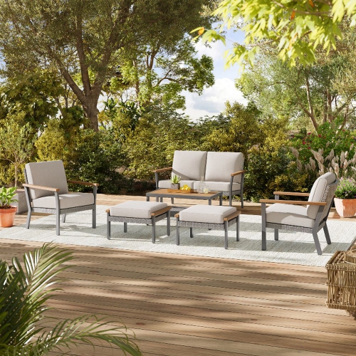 SONGMICS HOME Sencillo Collection - 6 Piece Patio Furniture Set, 1 Coffee Table, 1 Loveseat, 2 Lounge Chairs and 2 Ottomans