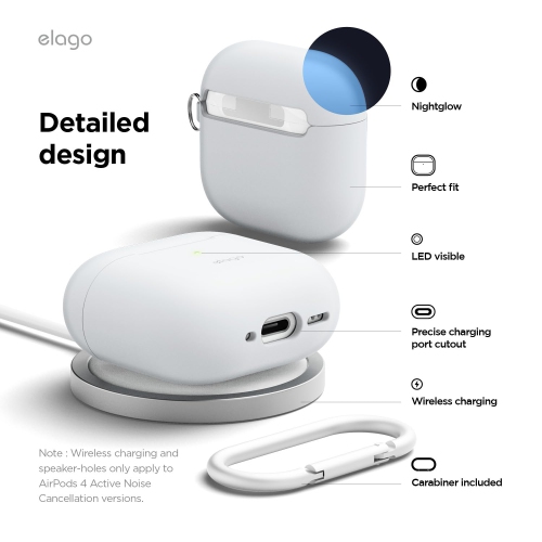 Étui en silicone Elago compatible avec les AirPods 4 - Mousqueton inclus, prise en charge du chargement sans fil, résistant aux chocs, protection