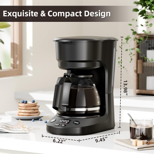 COWSAR Compact Coffee Machine, 5 Cup Drip Coffee Maker with Timing Function, 2H Auto Power-off, 2H Keep Warm, Pause & Brew, Reusable Filter