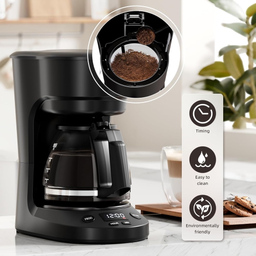 COWSAR Compact Coffee Machine, 5 Cup Drip Coffee Maker with Timing Function, 2H Auto Power-off, 2H Keep Warm, Pause & Brew, Reusable Filter