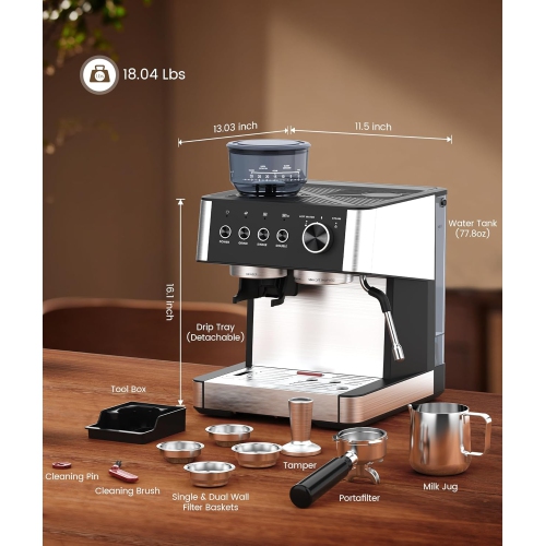 COWSAR Espresso Machine 15 Bar, Semi-Automatic Espresso Maker with 30-Position Grinder and Milk Frother Steam Wand for Latte/Cappuccino