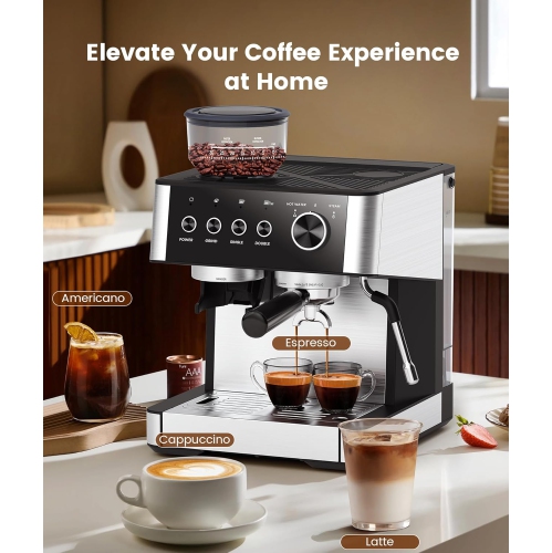 COWSAR Espresso Machine 15 Bar, Semi-Automatic Espresso Maker with 30-Position Grinder and Milk Frother Steam Wand for Latte/Cappuccino