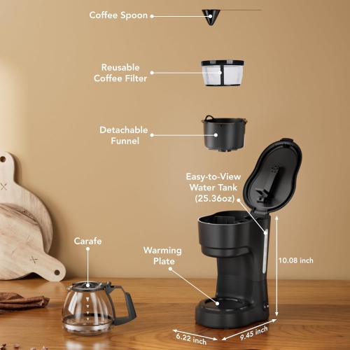 COWSAR Compact Coffee Machine, 5 Cup Drip Coffee Maker with Pause & Brew, 2H Keep Warm, Reusable Filter