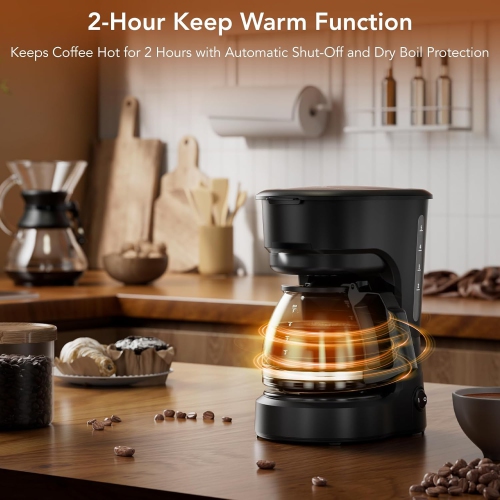 COWSAR Compact Coffee Machine, 5 Cup Drip Coffee Maker with Pause & Brew, 2H Keep Warm, Reusable Filter