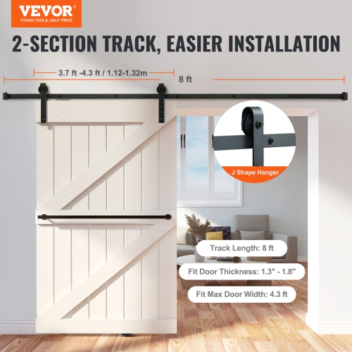 VEVOR 8FT Sliding Barn Door Hardware Kit, 330LBS Loading Heavy Duty Barn Door Track Kit, Fit 3.7-4.3FT Wide and 1.3"-1.8" Thick Door Panel, with