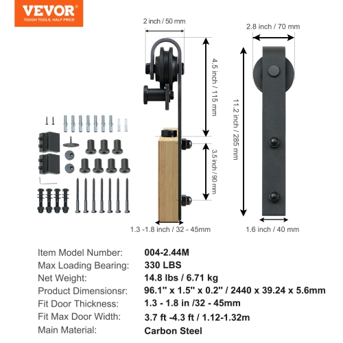 VEVOR 8FT Sliding Barn Door Hardware Kit, 330LBS Loading Heavy Duty Barn Door Track Kit, Fit 3.7-4.3FT Wide and 1.3"-1.8" Thick Door Panel, with