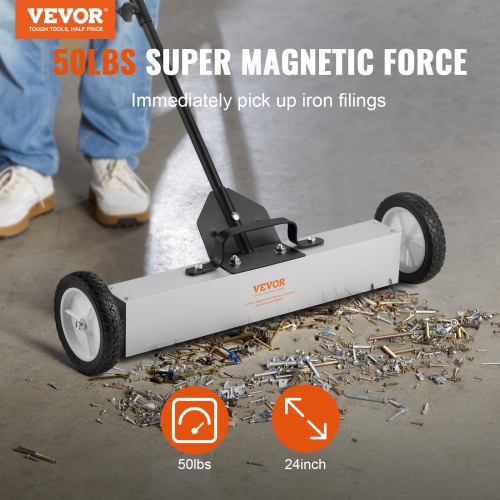 VEVOR 50Lbs Rolling Magnetic Sweeper with Wheels, Push-Type Magnetic Pick Up Sweeper, 24-inch Large Magnet Pickup Lawn Sweeper with Telescoping