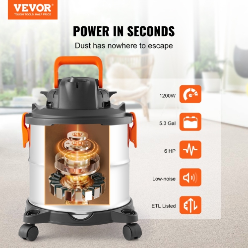 VEVOR 5.5 Gallon Stainless Steel Wet Dry Shop Vacuum, 6 Peak HP Wet/Dry Vac, Powerful Suction with Blower Function w/ Attachment 2-in-1 Crevice