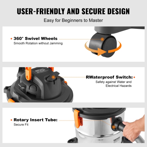 VEVOR 5.5 Gallon Stainless Steel Wet Dry Shop Vacuum, 6 Peak HP Wet/Dry Vac, Powerful Suction with Blower Function w/ Attachment 2-in-1 Crevice