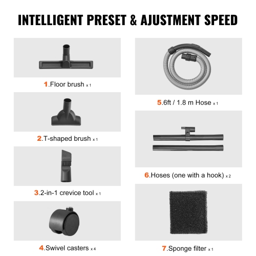 VEVOR 5.5 Gallon Stainless Steel Wet Dry Shop Vacuum, 6 Peak HP Wet/Dry Vac, Powerful Suction with Blower Function w/ Attachment 2-in-1 Crevice