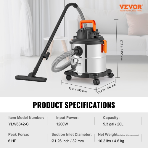 VEVOR 5.5 Gallon Stainless Steel Wet Dry Shop Vacuum, 6 Peak HP Wet/Dry Vac, Powerful Suction with Blower Function w/ Attachment 2-in-1 Crevice