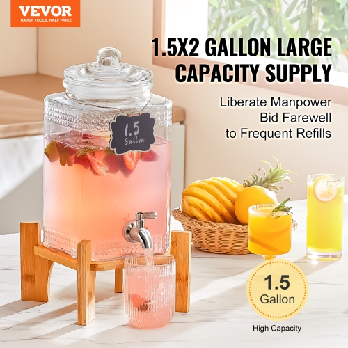 VEVOR 1.5 Gallon Beverage Dispenser, Drink Dispensers for Parties, 2PC,Glass Juice Dispenser with Stand, Stainless Steel Spigot, Iced Tea Lemonade