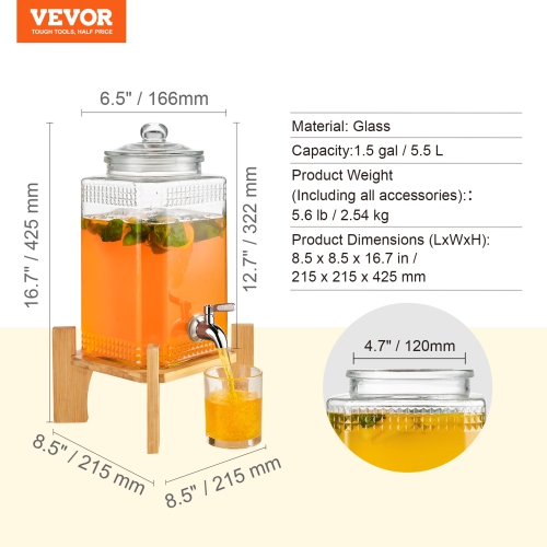 VEVOR 1.5 Gallon Beverage Dispenser, Drink Dispensers for Parties, 2PC,Glass Juice Dispenser with Stand, Stainless Steel Spigot, Iced Tea Lemonade