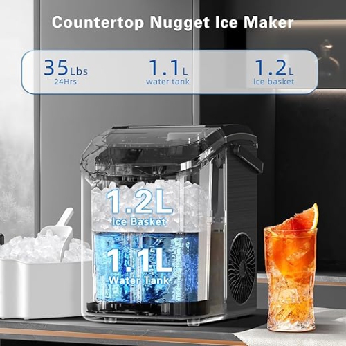 Cowsar Countertop Ice Maker with Soft Chewable Pellet Ice, 35Lbs/24Hrs, Self-Cleaning Function, One-Click Operation, Includes Ice Basket and Scoop