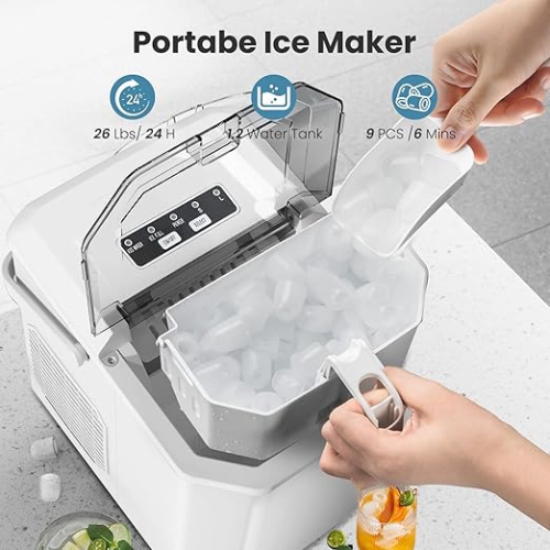 Cowsar Countertop Ice Maker, Portable with Handle, 26Lbs/24H, 9 Cubes in 6 Min, Self-Cleaning, Includes Scoop & Basket, Perfect for Home, Office,