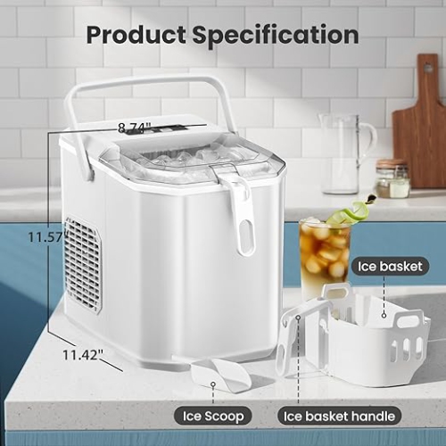 Cowsar Countertop Ice Maker, Portable with Handle, 26Lbs/24H, 9 Cubes in 6 Min, Self-Cleaning, Includes Scoop & Basket, Perfect for Home, Office,