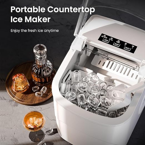 Cowsar Countertop Ice Maker with Handle, 26.5Lbs/24H, Makes 9 Bullet Ice Cubes in 6 Minutes, Dual Sizes, Portable Design, Includes Self-Cleaning