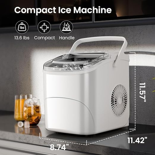 Cowsar Countertop Ice Maker with Handle, 26.5Lbs/24H, Makes 9 Bullet Ice Cubes in 6 Minutes, Dual Sizes, Portable Design, Includes Self-Cleaning
