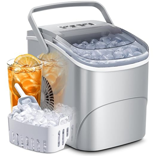 Cowsar Countertop Ice Maker, 26.5Lbs/24H, Makes 9 Bullet Ice Cubes in 6 Minutes, Dual Sizes, Portable with Self-Cleaning Function, Ideal for Home