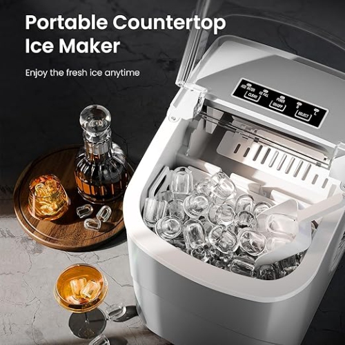 Cowsar Countertop Ice Maker, 26.5Lbs/24H, Makes 9 Bullet Ice Cubes in 6 Minutes, Dual Sizes, Portable with Self-Cleaning Function, Ideal for Home