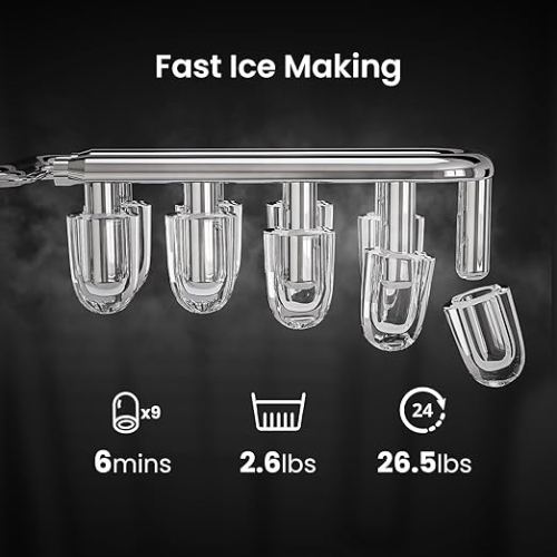 Cowsar Countertop Ice Maker, 26.5Lbs/24H, Makes 9 Bullet Ice Cubes in 6 Minutes, Dual Sizes, Portable with Self-Cleaning Function, Ideal for Home