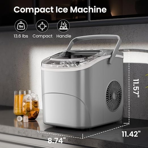 Cowsar Countertop Ice Maker, 26.5Lbs/24H, Makes 9 Bullet Ice Cubes in 6 Minutes, Dual Sizes, Portable with Self-Cleaning Function, Ideal for Home