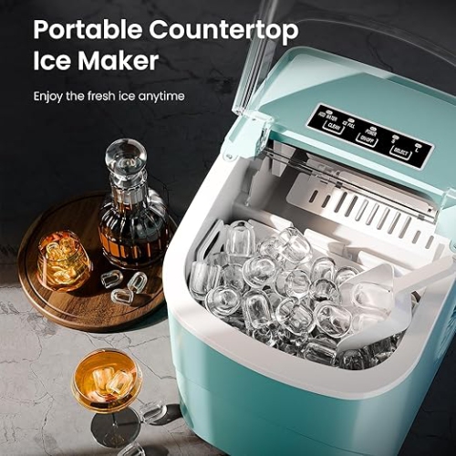 Cowsar Countertop Ice Maker with Handle, 26.5Lbs/24H, Produces 9 Bullet Ice Cubes in 6 Minutes, 2 Sizes Adjustable, Portable Design, Self-Cleaning