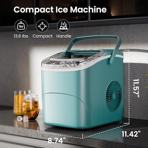 Cowsar Countertop Ice Maker with Handle, 26.5Lbs/24H, Produces 9 Bullet Ice Cubes in 6 Minutes, 2 Sizes Adjustable, Portable Design, Self-Cleaning