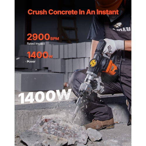 VEVOR 1400W Demolition Jack Hammer, Electric Jackhammer Heavy Duty, 2900 BPM Concrete Breaker, 2pcs Chisels Bits Chipping with Case, Gloves