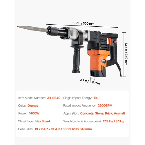 VEVOR 1400W Demolition Jack Hammer, Electric Jackhammer Heavy Duty, 2900 BPM Concrete Breaker, 2pcs Chisels Bits Chipping with Case, Gloves