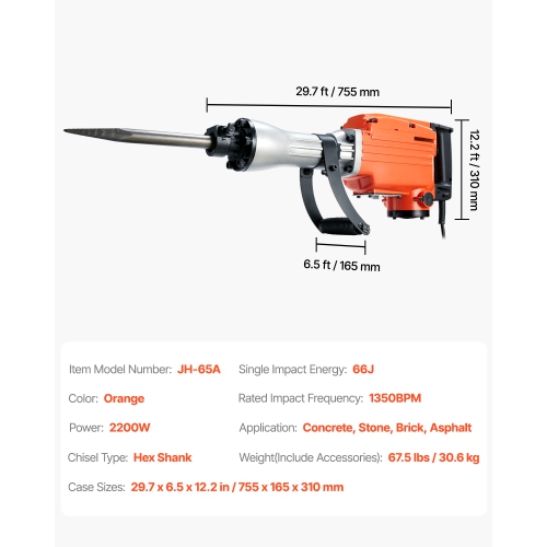 VEVOR 2200W Demolition Jack Hammer, Electric Jackhammer Heavy Duty, 1350 BPM Concrete Breaker 6pcs Chisels Bit Chipping with Case
