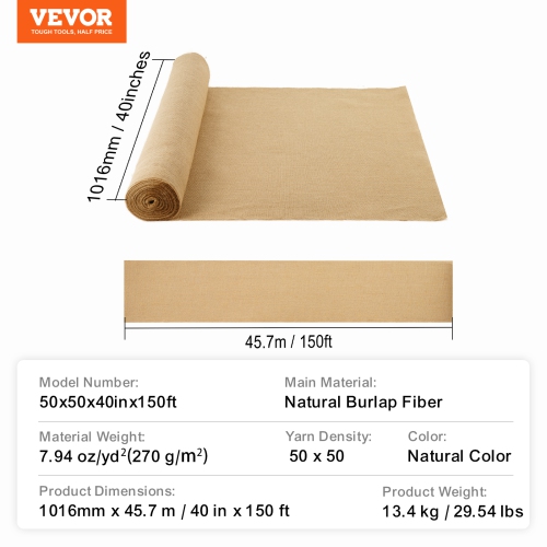 VEVOR 40” x 150 ft Burlap Fabric Roll, 50 x 50 High Density Wide Natural Burlap Fabric Rolls, Jute Fabric Burlap Tree Wrap Roll, for Decor, Crafts,