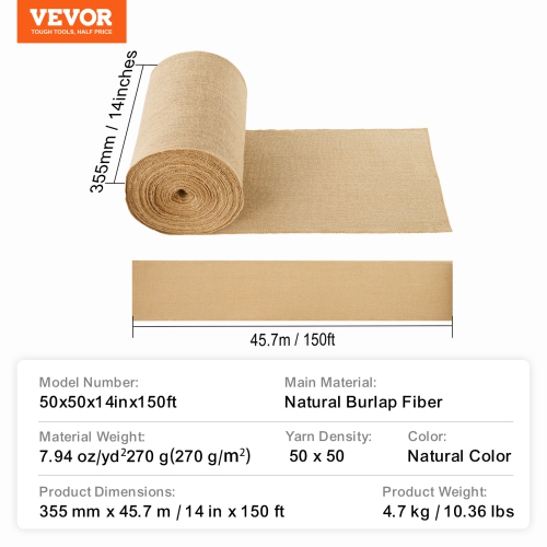 VEVOR 4” x 150 ft Burlap Fabric Roll, 50 x 50 High Density Wide Natural Burlap Fabric Rolls, Jute Fabric Burlap Tree Wrap Roll, for Decor, Crafts,
