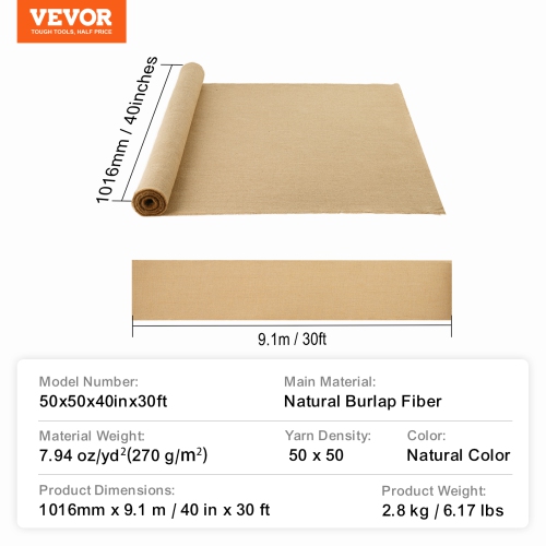 VEVOR 40” x 30 ft Burlap Fabric Roll, 50 x 50 High Density Wide Natural Burlap Fabric Rolls, Jute Fabric Burlap Tree Wrap Roll, for Decor, Crafts,