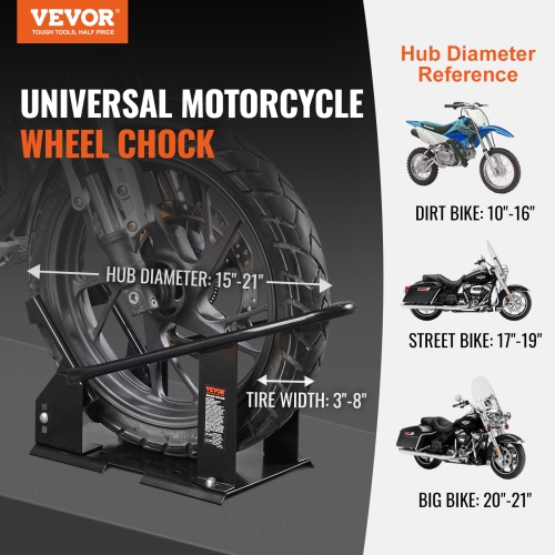 VEVOR 1800 lbs Motorcycle Wheel Chock, Wheel Cradle Holder, Heavy-duty Steel Motorcycle Front Wheel Stand with 3 Adjustable Holes, For 15"-21"