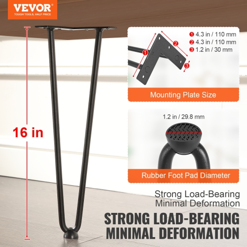 VEVOR 16" Hairpin Furniture Legs, Metal Home DIY Projects for Coffee Table, Desk, 500lbs Load Capacity with Rubber Floor Protectors, Metal Heavy Duty