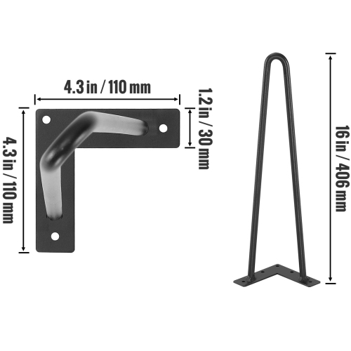 VEVOR 16" Hairpin Furniture Legs, Metal Home DIY Projects for Coffee Table, Desk, 500lbs Load Capacity with Rubber Floor Protectors, Metal Heavy Duty