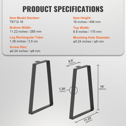 VEVOR 16 inch Trapezoid Steel Table Legs, Replacement Furniture Legs Set of 2 for DIY Coffee Tables, Modern Desks, Bench, Max Load 400 lbs Heavy