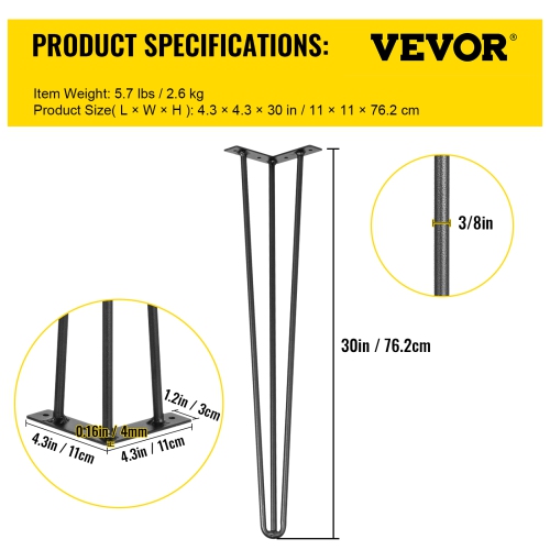 VEVOR 30" Hairpin Table Legs Black Set of 4 Desk Legs 880lbs Load Capacity Hairpin Desk Legs 3 Rods for Bench Desk Carbon Steel DIY Heavy Duty